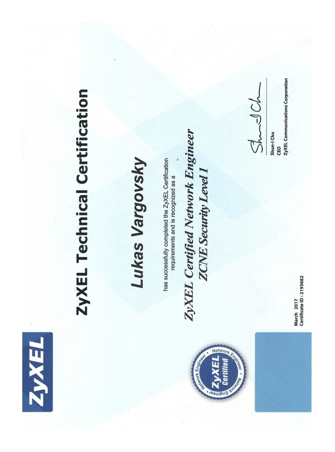 CERTIFIKÁT: ZyXEL Certified Network Engineer ZCNE Security Level 1